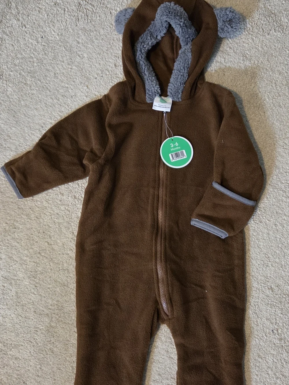 Cuddle Club Brown Bear Fleece One-Piece Hooded Footed Romper, 3-6M, NWT